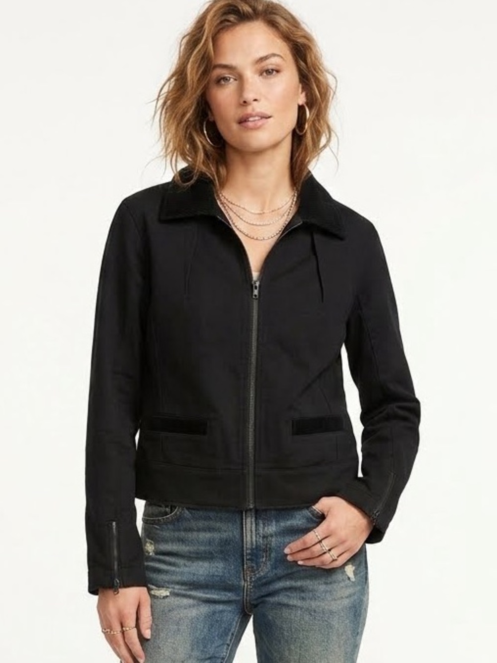 CAbi Black Shrunken Moto Jacket with corduroy collar and trim